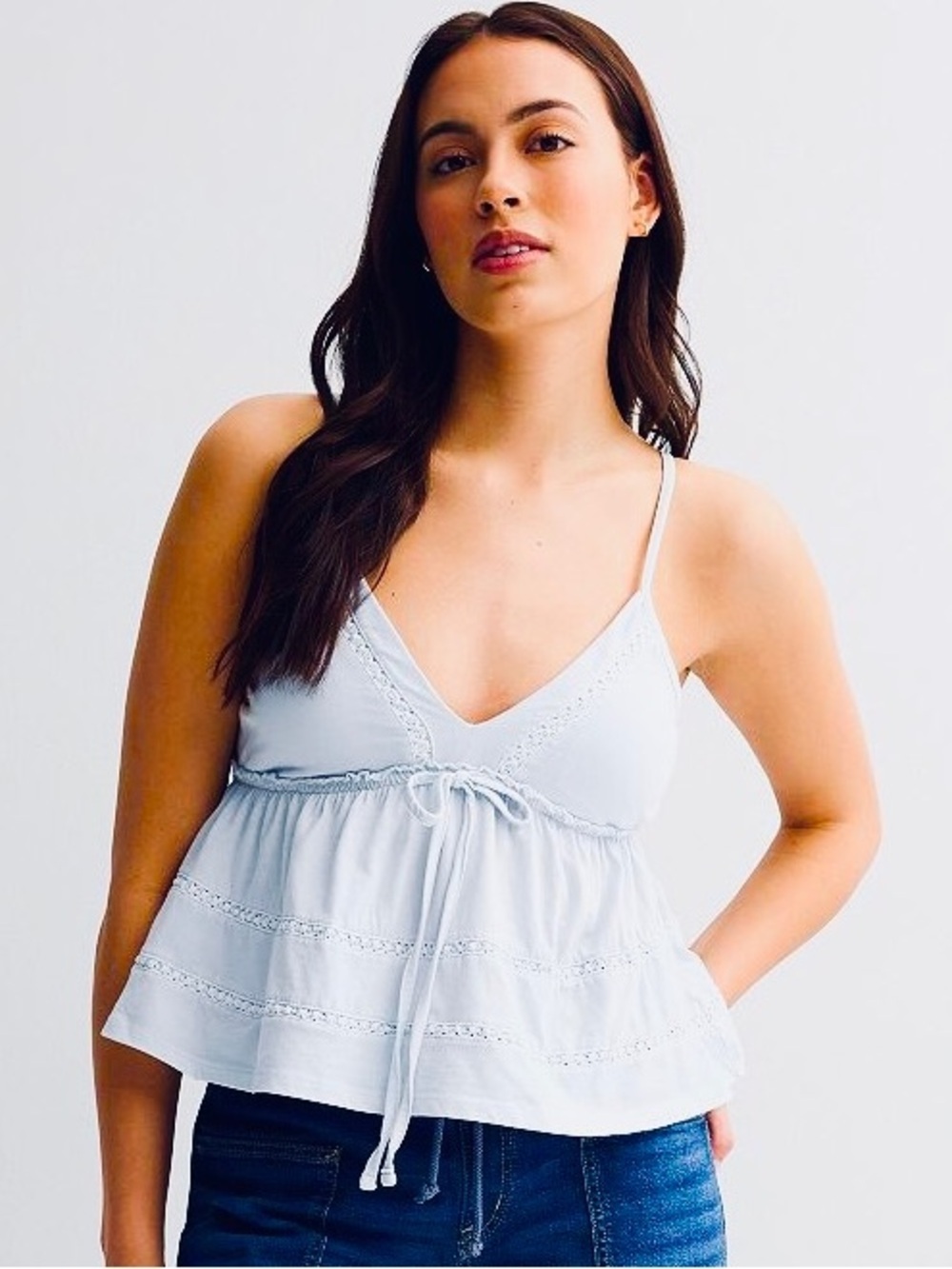 SO Juniors Lace Cami Top XL Light Blue Tiered Ruffle Hem Molded Cup Y2K NWT